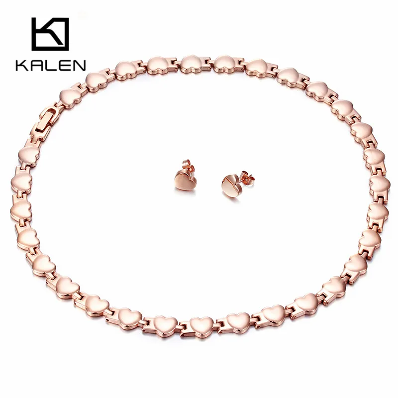 

Kalen Women Elegant Wedding Jewelry Sets Stainless Steel Rose Gold Color Heart Charm Collar Necklace Earrings Set Accessories