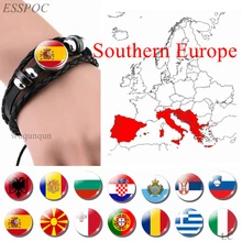Южная Европа: Португалия, Греция, Испания, Италия, флаг России, черный браслет со стеклянным куполом, ювелирные изделия, кожаная кнопка, мужские подарочные браслеты