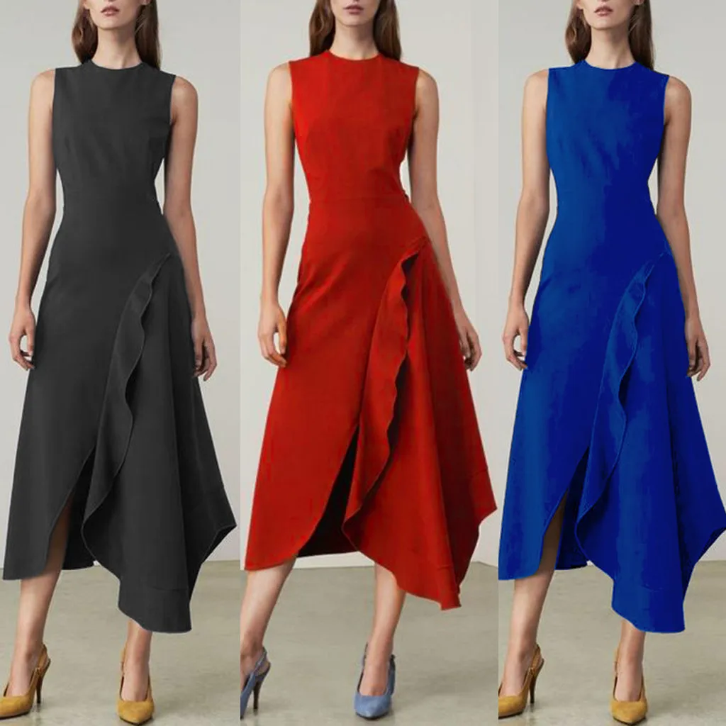 

feitong Women dress Summer Boho Sleeveless Dignified Natural O-neck Solid Ruffle Party Beach Irregular long Maxi Dress #1964