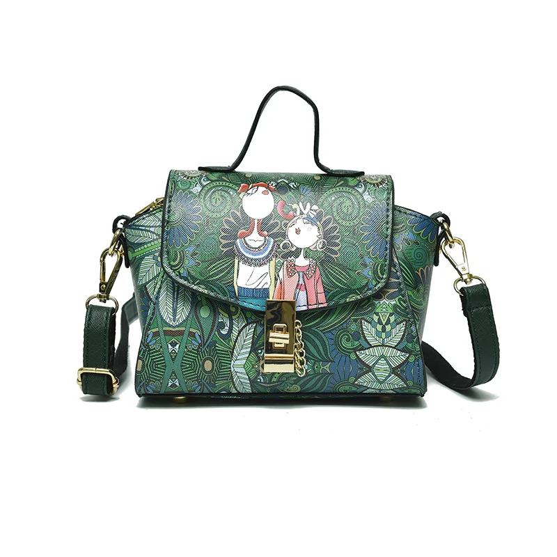 

2019 designer luxury brand high quality PU leather ladies green forest color cartoon printing shoulder bag female Wings handbag