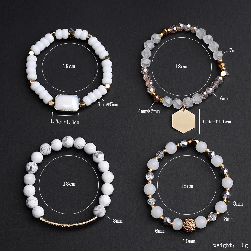 BOJIU белый кристалл Howlite женские браслеты простой Ag. Камень Шамбала Шарм браслет ювелирные изделия мода бисера браслеты Набор BCSET119
