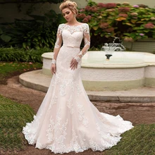SOFUGE Elegant Long Sleeves Lace Wedding Dress Lace-up back Scoop Neck Mermaid Bridal Gowns Vestidos De Novia New Arrival stylish scoop neck long sleeves solid color lace dress for women
