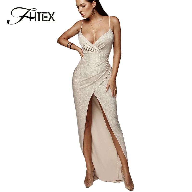 

FHTEX Elegant V Neck Evening Party Long Dress Sexy Spaghetti Strap Glitter Split Celebrity Maxi Dress 2019 Women Casual Dress