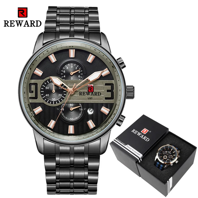 Роскошные серебряные часы из нержавеющей стали, мужские спортивные часы, брендовые Кварцевые водонепроницаемые наручные часы с хронографом, мужские часы - Цвет: Black With Box
