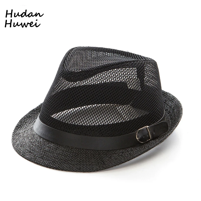 Summer Breathable Mesh Fedora Hat Classic Jazz Straw Hats with Belt