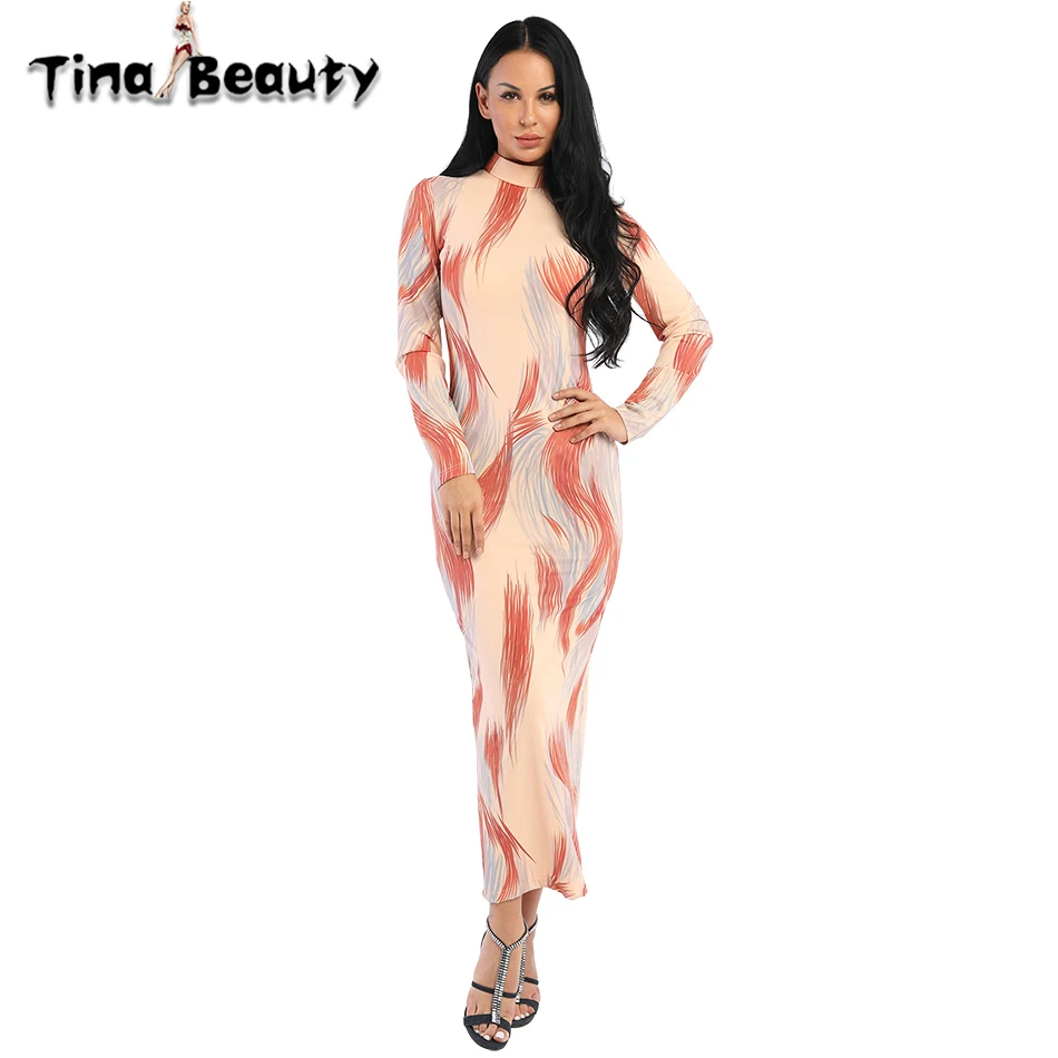 Женское Макси-платье Tina Beauty облегающее платье с длинным рукавом и высоким