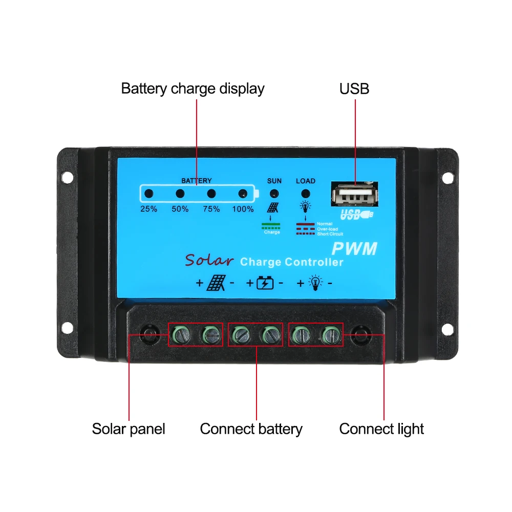 KKMOON 10A Контроллер заряда солнечной панели контроллер батареи PWM 12 V/24 V Интеллектуальный регулятор с USB 5 V