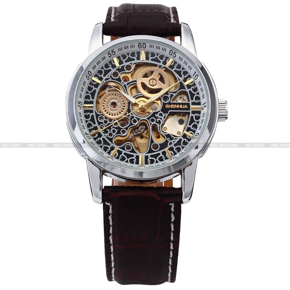 Мужские Shenhua Скелет Автоматические наручные часы с кожанным ремешком Античная стимпанк Повседневное механические мужские часы в новом уникальном