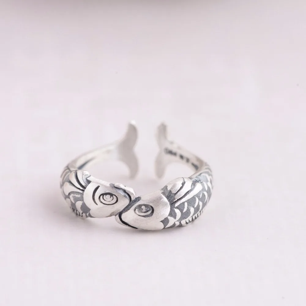 Богемное этническое стильное 925 пробы Серебряное двойное кольца с рыбками для женщин обручальное кольцо на палец увеличенное индивидуальное античное кольцо