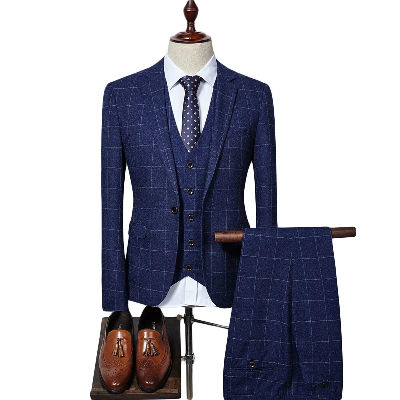 Новый мужской костюм 2019 Slim Fit клетчатый комплект из 3 предметов Свадебный жениха