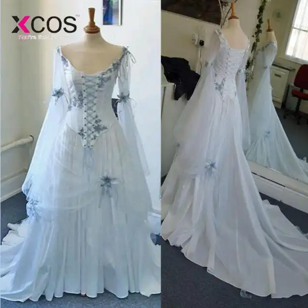Vintage Celtic Wedding Dresses White And Pale Blue Colorful