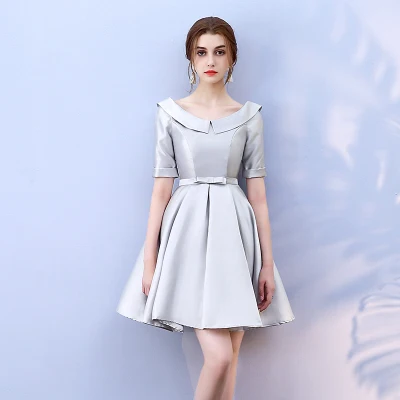 

Grey Above Knee Mini Dress Bridesmaid Dress Wedding Guest Dress Empire Sexy Back of Bandage