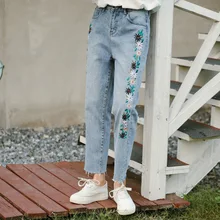 Вышитые цветочные джинсы для женщин Корейский высокой талией Прямые джинсы свободные Harajuku джинсовые брюки