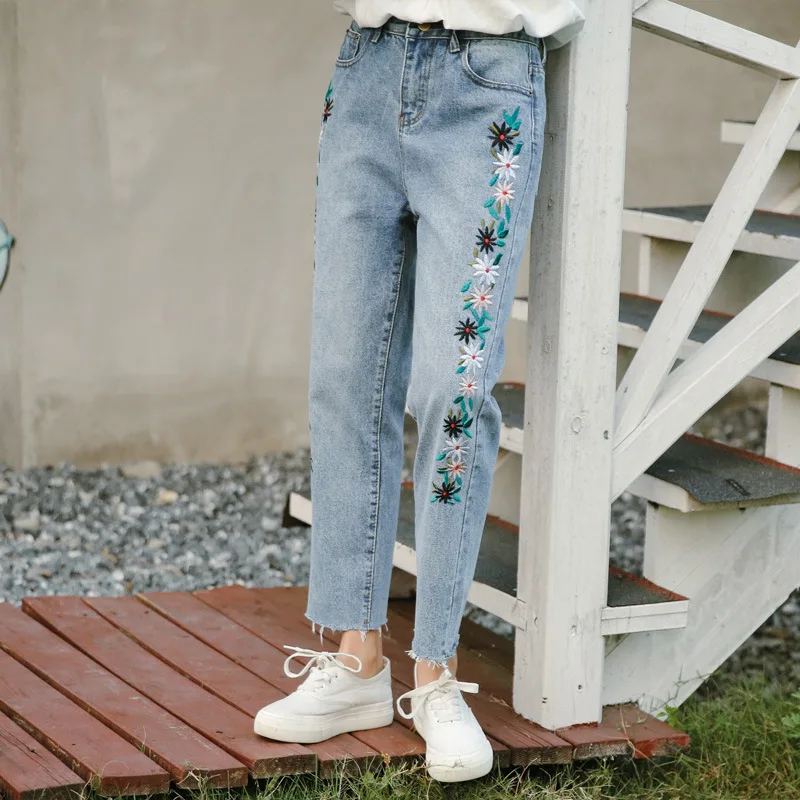 Embroidered Floral Jeans for Women 