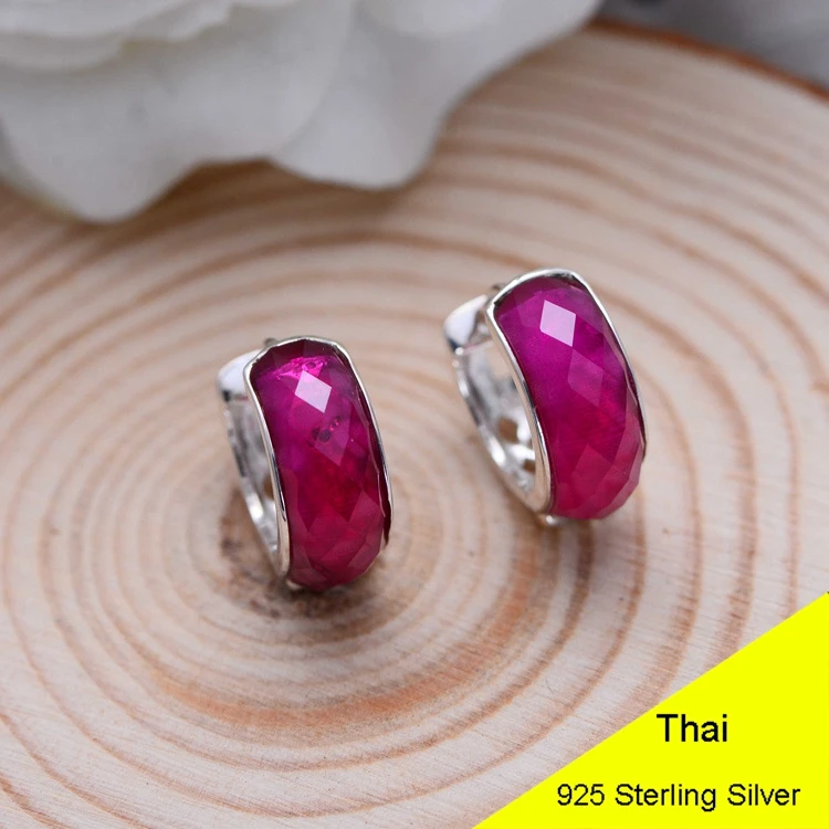

925 Sterling Silver Red Corundum Clip Earring Women Vintage Thai Silver Gift Brincos Aretes Jewelry CH038538