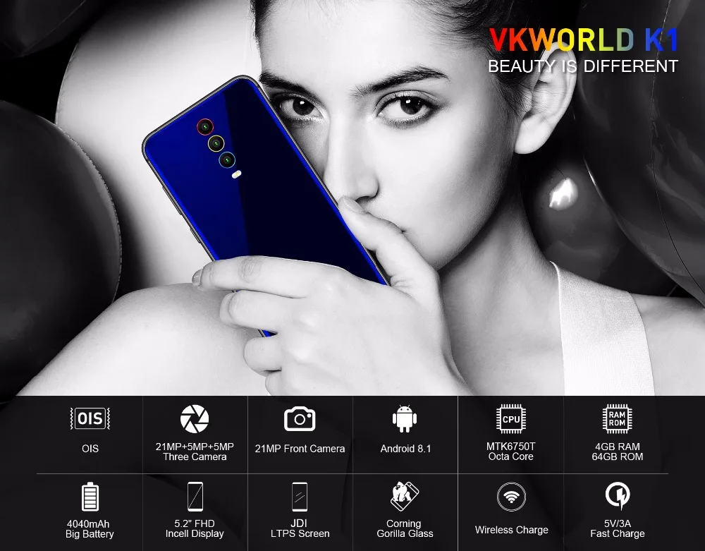 VKworld K1 4 Гб+ 64 Гб мобильный телефон Face ID отпечатков пальцев 5,2 дюймов Android 8,1 MTK6750T Octa Core Беспроводной зарядка с двумя sim-картами