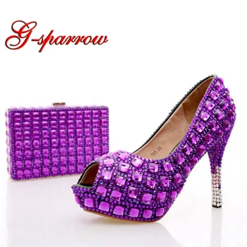 

Purple Rhinestone Bridal Wedding Shoes with Clutch Bag Peep Toe Crystal Party Pumps Graduation Party Heels with Matching Bag