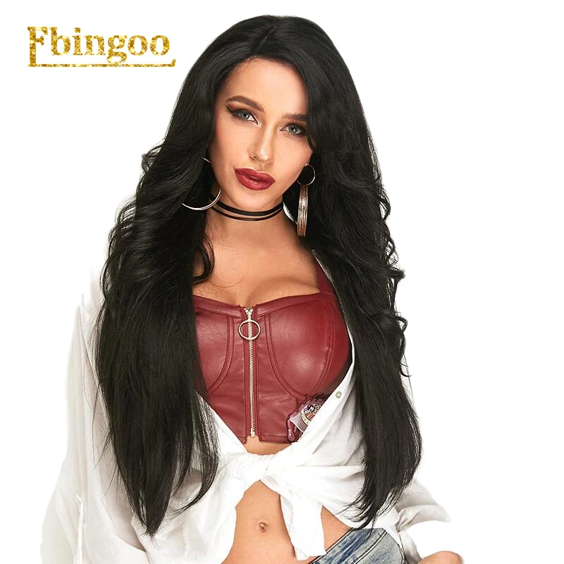 

Ebingoo 30" Long Body Wave Straight Synthetic Lace Front Wigs with Side Part for Women Heat Resistant Black Pre Plucked