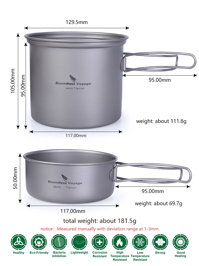 Tigela com Titânio Alça de Acampamento ao ar Boundless Viagem Titanium Dobrável Livre Piquenique Panelas Conjunto Talheres 1000 ml Ti1502b Pot 3 Boundless viagem titanium pot tigela com titânio
