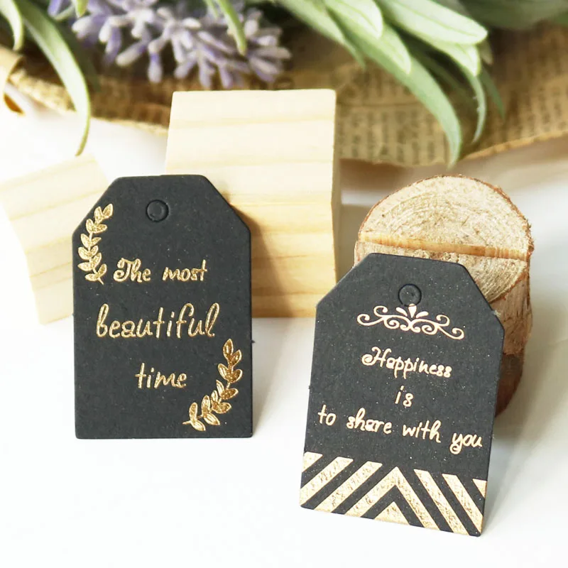 

48pcs Gold Stamping Paper Bookmark Black Paper Gift Tag Labels Hanging Pendant Stationery Bookmark Office School Supplies