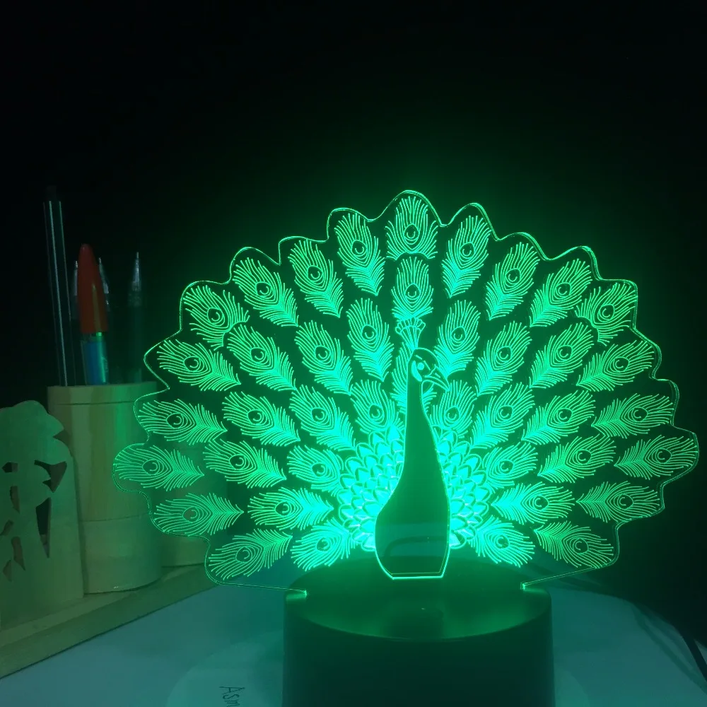  Peacock Spreads Tail Peafowl 3D LED Night Light 7 Color Changing Animal Table Lamp Home Decor Gifts - 32860422595