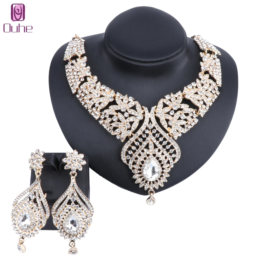 

Women's Elegant Austrian Crystal Statement Necklace Earrings Jewelry Set For Wedding Dress 5 Colors