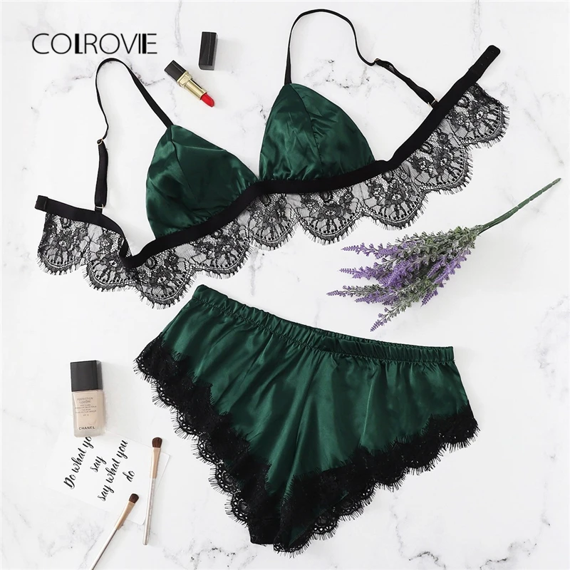 COLROVIE Green Scalloped Trim Contrast Lace Sexy Lingerie Set 2018 Women Wireless Underwear Set Female Satin Elegant Bra Set COLROVIE Green Scalloped Trim Contrast Lace Sexy Lingerie Set 2018 Women Wireless Underwear Set Female Satin Elegant Bra Set
