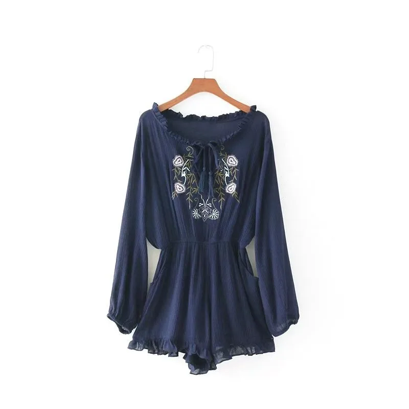

NSZ Women Summer Playsuits Long Sleeve Tied Embroidery Hollow Out Conjoined One-piece shirt Blouse Summer