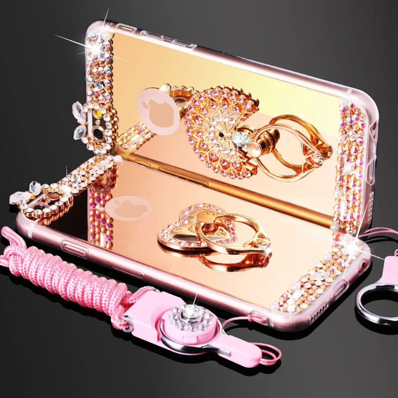 

Luxury Diamond Phone Case Cover For iPhone 7 8 6 6S Plus 5 S SE X Crystal Glitter Mirror Cases W/ Ring Holder Stand Soft TPU
