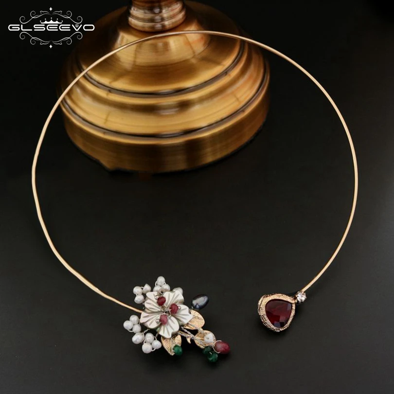

GLSEEVO Natural Fresh Water Pearl Shell Flower Choker Necklace For Women Wedding Adjustable Necklace Jewellery Luxury GN0070