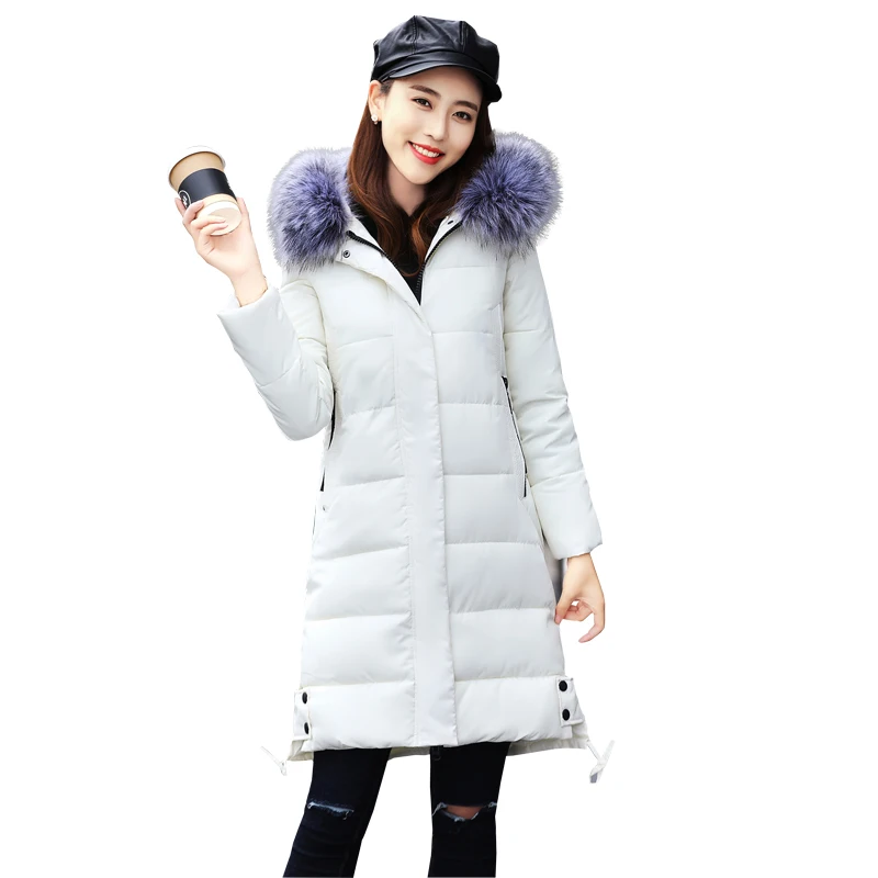 

New With Colored Fur Hood Long Cotton Jackets Women Winter Long Sleeve Cute Pockets Casual Parkas Woman Warm Jackets Female