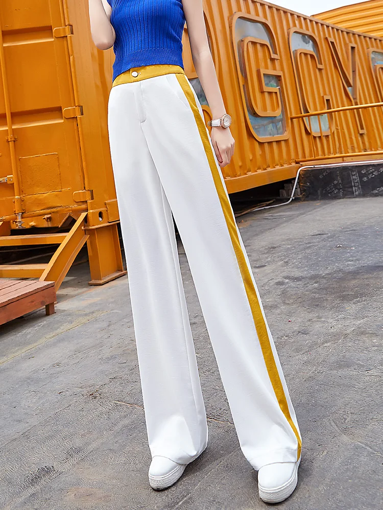 

White Chiffon Wide Leg Pants Women High Waist Yellow Full Length Trousers Plus Size Streetwear Palazzo Summer Clothes for Women