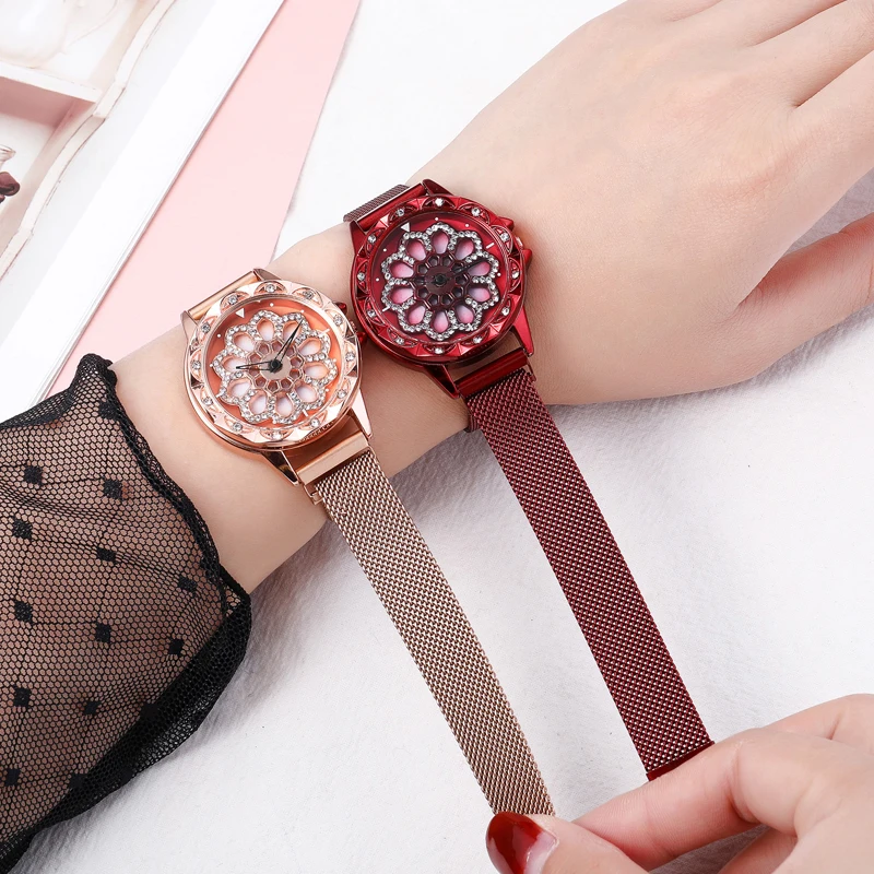 WJ-8052 Reloj de dama счастливый цветочный циферблат вращающиеся женские часы кварцевые