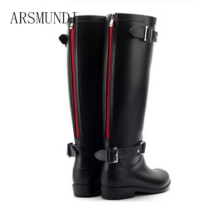 

ARSMUNDI 2018 Zipper Tall Boots Women's Pure Color Rain Boots Outdoor Rubber Water shoes For Female 36-41 Plus size L382