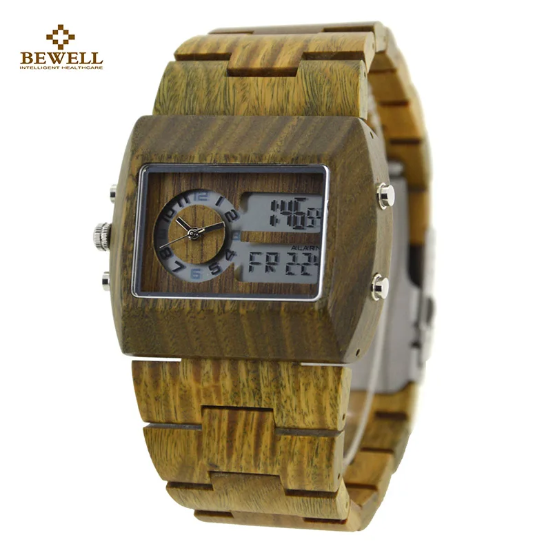 

BEWELL Wood Men Luxury Watches with Double Movement Luminous Display Square Business Watch for Man Watches Christmas Gift 021A
