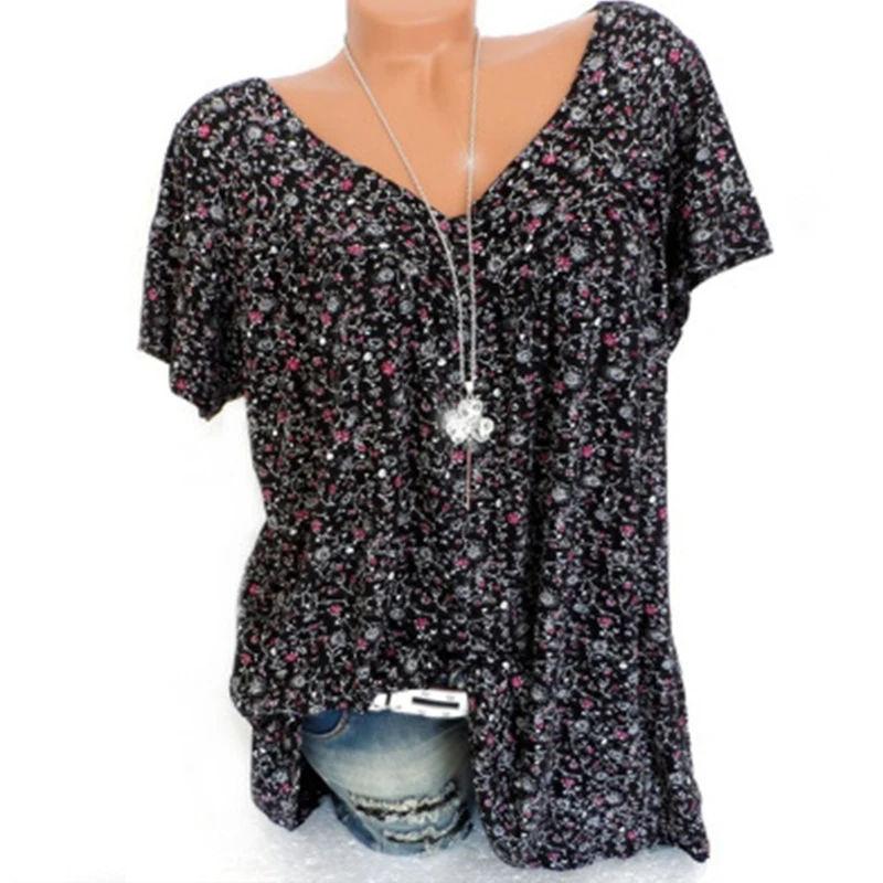 

Women Casual Loose Blouse V Neck Short Sleeve Shirt Summer Print Blouses Tops Plus Size