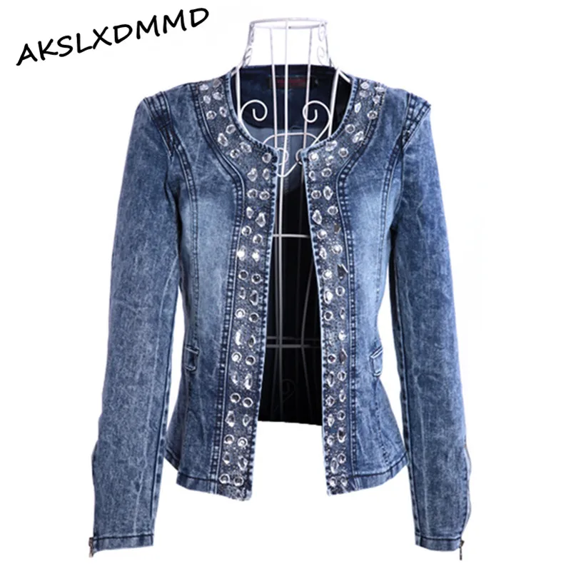 Short Jacket Womens Spring Denim Motorcycle Windbreaker Plus Size 6XL Zipper Tops Diamonds Slim Female Fashion Jeans Coats