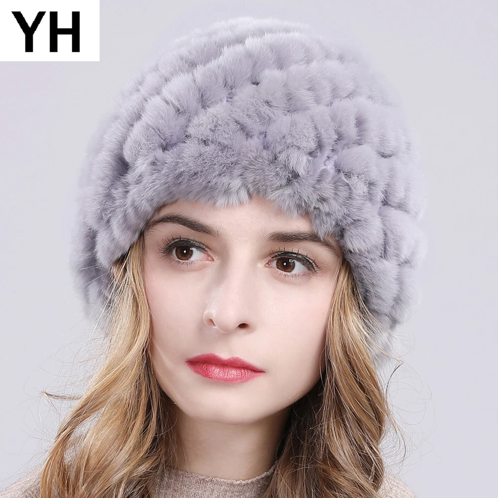 

Winter Russian Women Real Rex Rabbit Fur Hats Handmade Knitted Genuine Rex Rabbit Fur Cap Warm Quality Rabbit Fur Beanies Hat