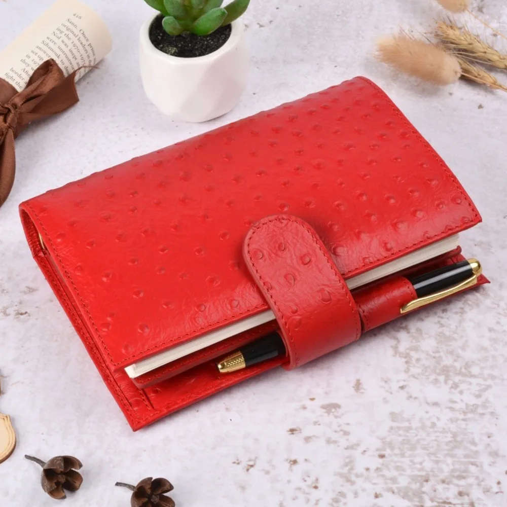 

Ostrich Red Color Genuine Leather Rings Notebook 192x135mm Personal Diary Gold Binder Daily Planner Handmade Agenda Organizer