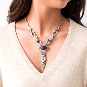 

Red Imitation Gemstone Geometric Pendant Necklace Online Shopping India Women Vintage Long Necklace Collares