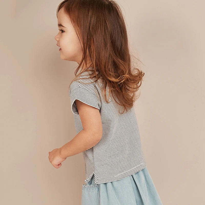 Little Maven New Summer Kids Clothing Short O-neck Striped 3D Flowers Applique Letters Knitted Cotton Girls Casual Tshirts Tee