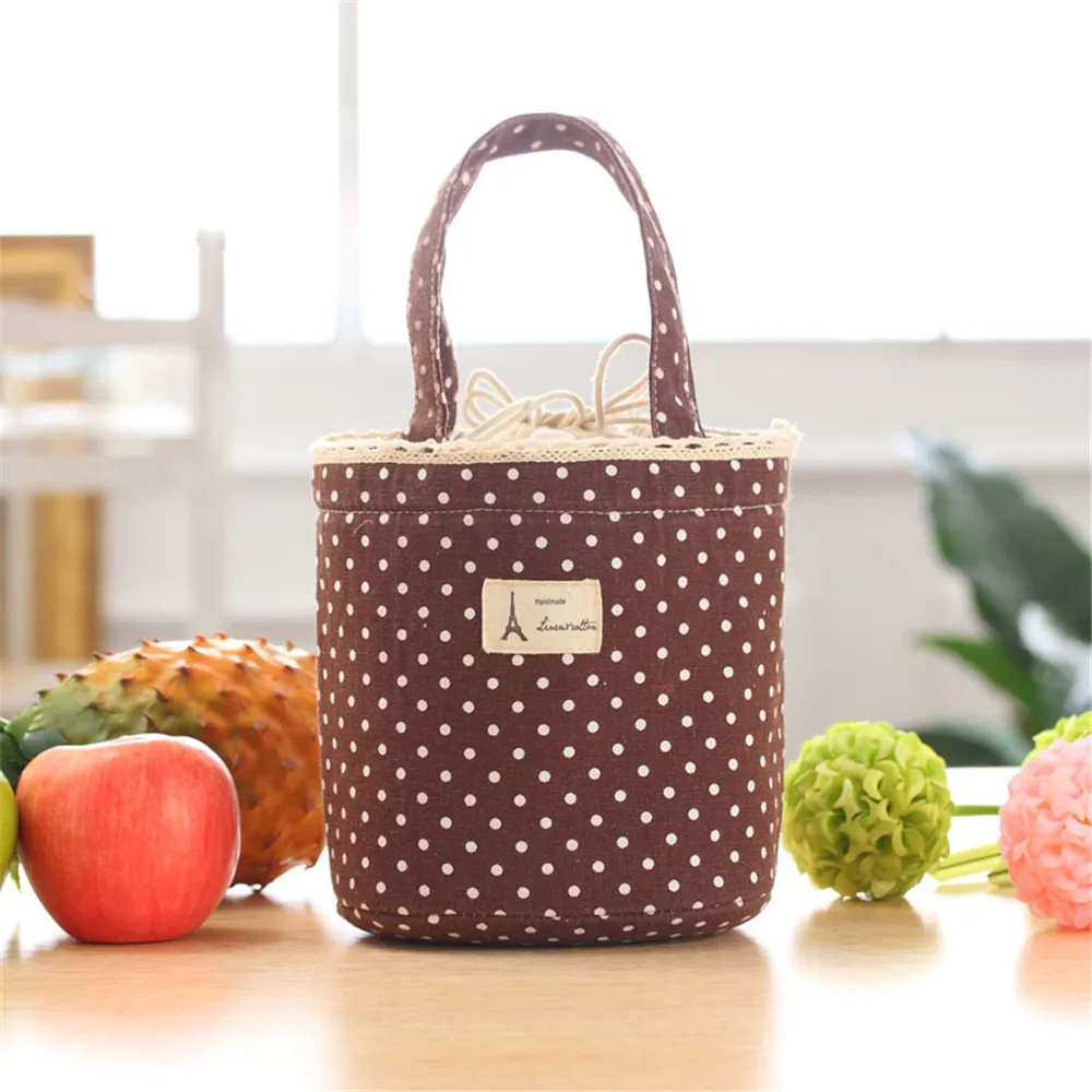 OCARDIAN Drawstring Portable Lunch Bag Cotton and linen round Beam Mouth insulated lunch box