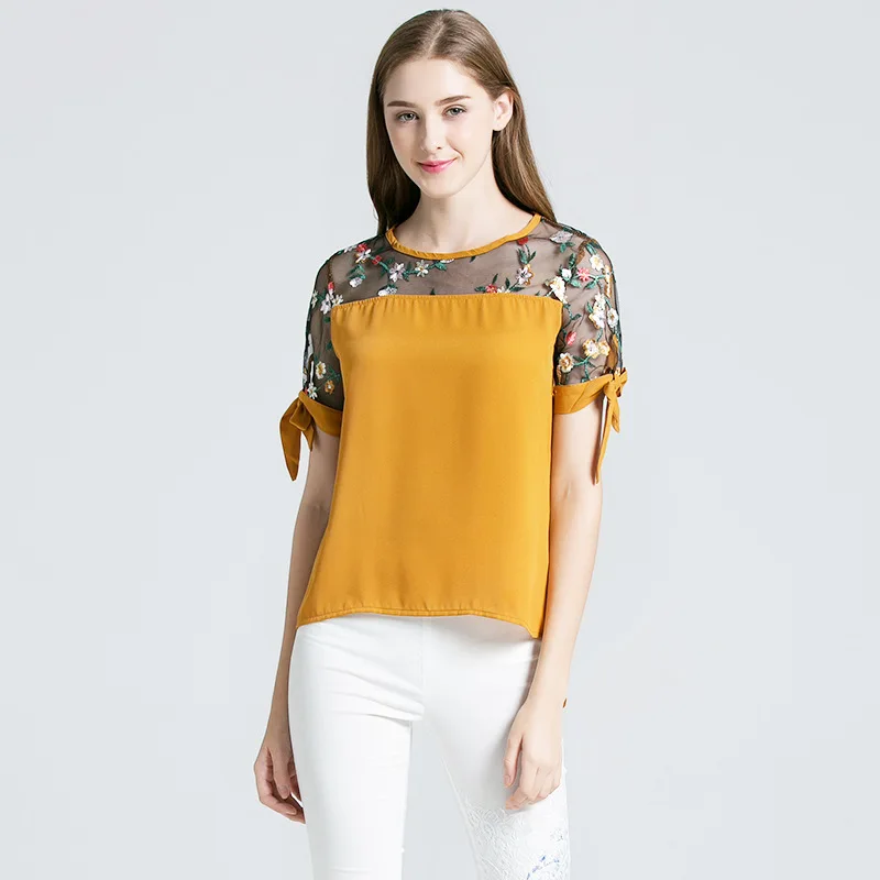

Summer 2019 Solid Color Slim Head Embroidered Chiffon Shirt Lace T-shirts Female Fashion Casual Elegant Women's Clothing TShirts