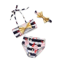 Новинка; комплект бикини для маленьких девочек; купальный костюм в полоску с цветочным рисунком и бантом; купальный костюм с завязками на шее; купальник с высокой талией; пляжная одежда для малышей