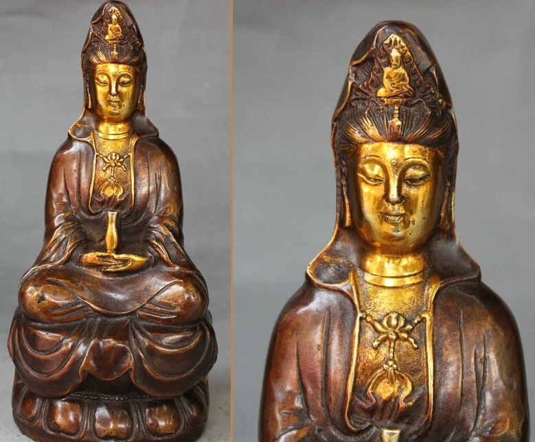 

8" Chinese Buddhism Bronze Gilt GuanYin Kwan-Yin Goddess Seat Lotus Statue S0705
