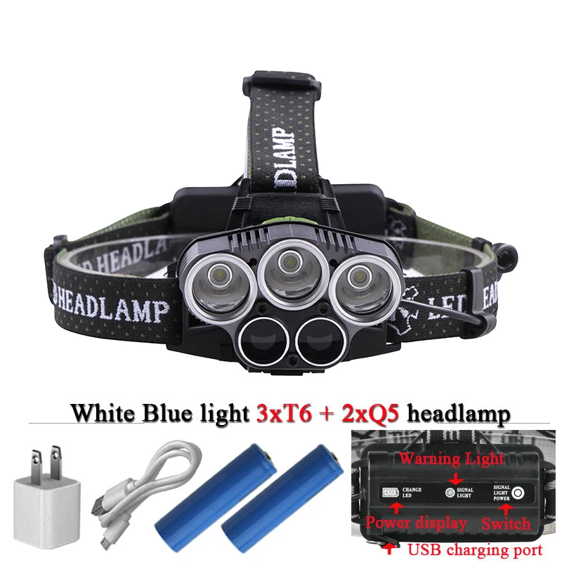 

Blue light white USB 5 led headlamp head lamp headlight CREEXM L T6 Q5 15000 lumens powerful led flashlight head torch lamp