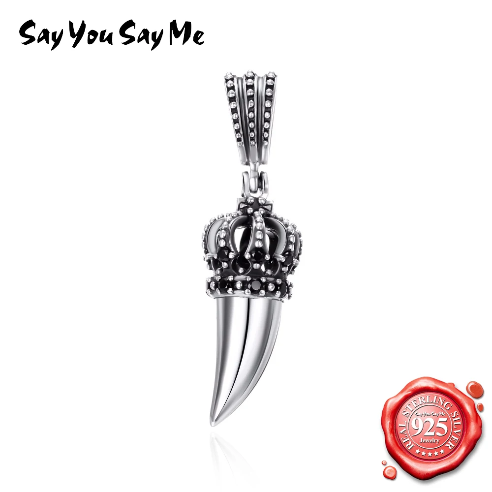 

SAY YOU SAY ME 925 Sterling Silver Punk Rock Style Wolf Tooth Necklaces for Unisex Antique Crown Silver Trendy Pendants Necklace