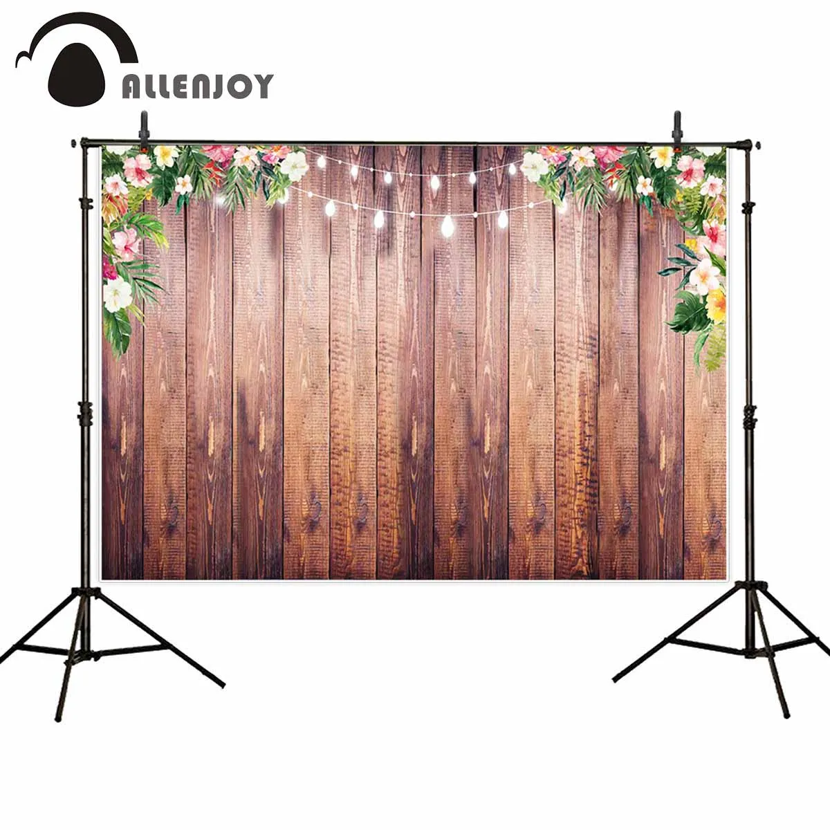 

Allenjoy backdrop for photographic studio Vintage Wooden board Tropical plants Flowers glitter background wedding photocall