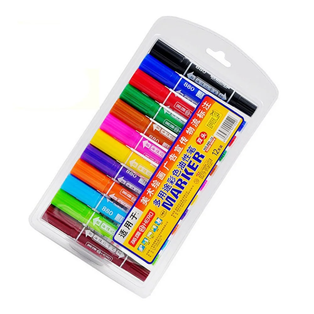 12 color Two tipped Permanent Marker 12 pens/box, round tip&chisel tip