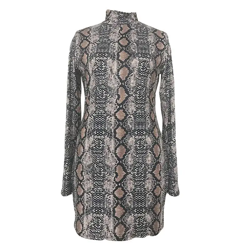 Snake Skin Print long Sleeve Dress 2018 Autumn Spring Women Sexy Party Mini Bodycon Snakeskin Turtleneck Short dresses F#N09 (7)